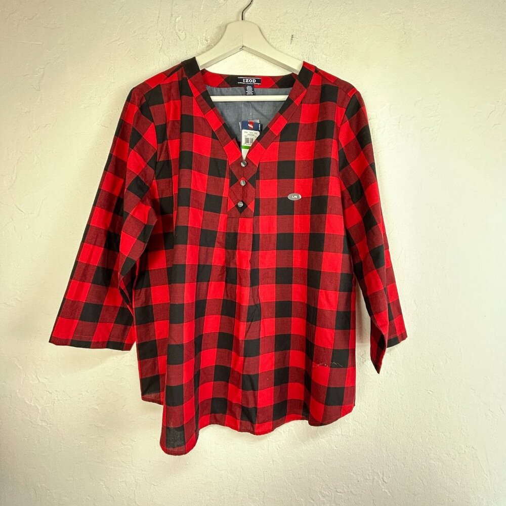 Izod Womens Red & Black Buffalo Plaid 3/4 Sleeve V-Neck Shirt Blouse Large New